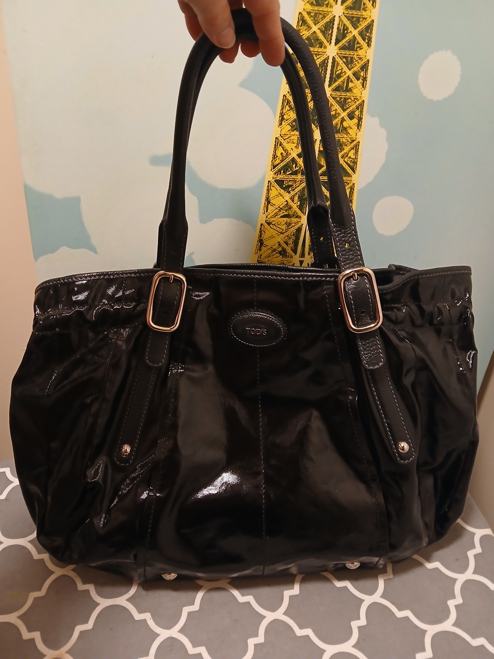 TOD'S Black Patent Leather Tote with Polished Buckles